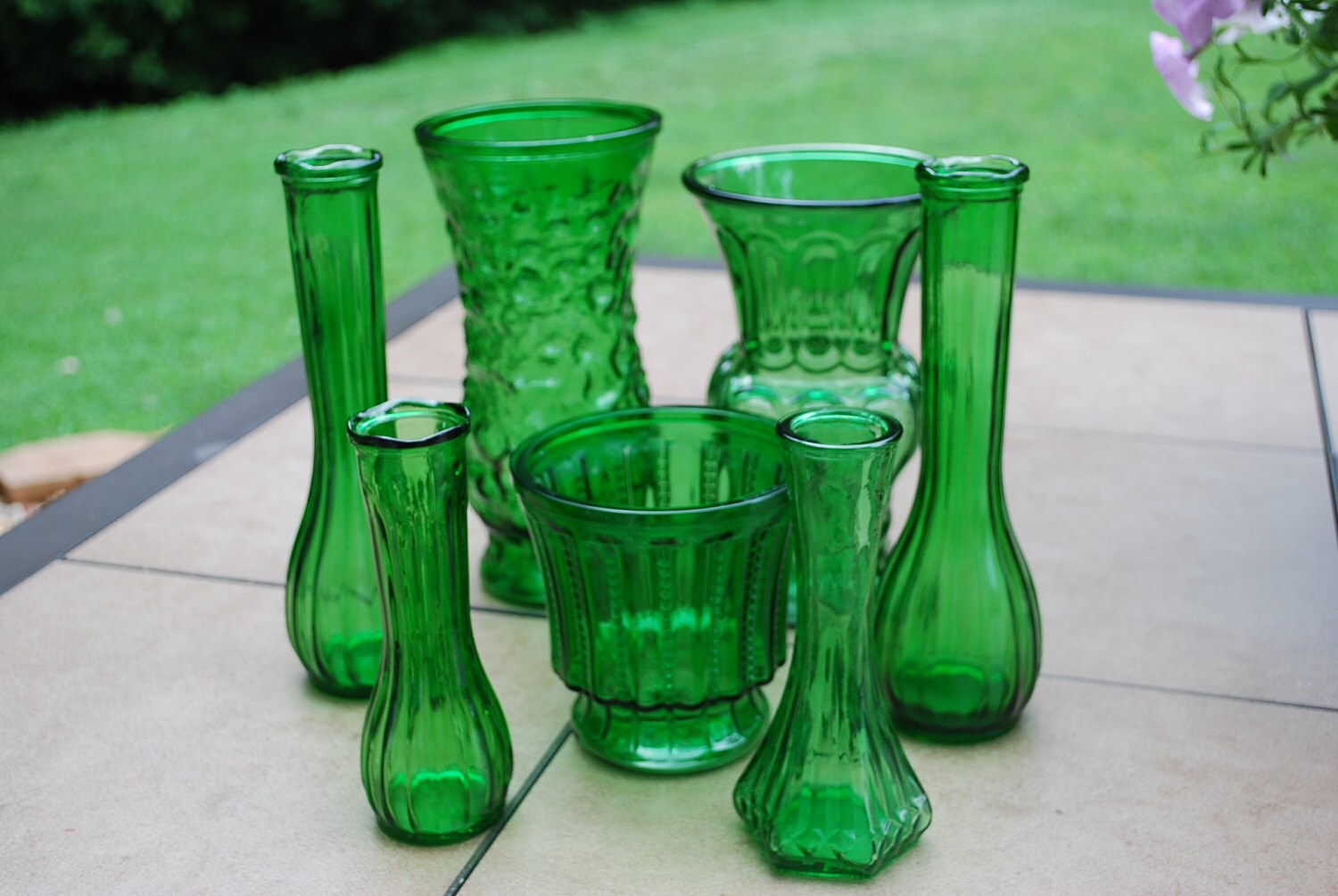 Seven Emerald Green Glass Vases Instant by AGlimpseFromthePast
