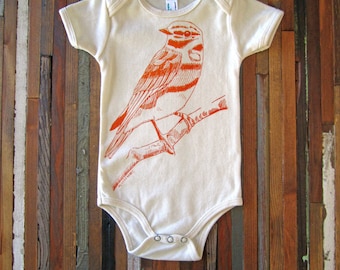 Organic Cotton Onesie - Screen Printed American Apparel Baby Onesie - Woodland Bird - Eco Friendly - Handmade - Feather (You pick size)