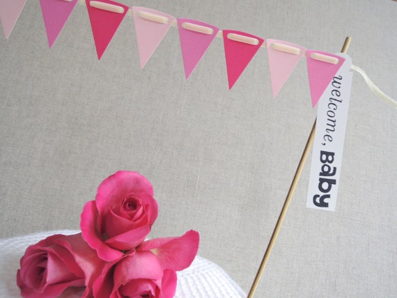 Cake bunting - Pink shades made with textured cardstock Choose your own greeting Perfect for a new baby girl MADE TO ORDER Il_570xn