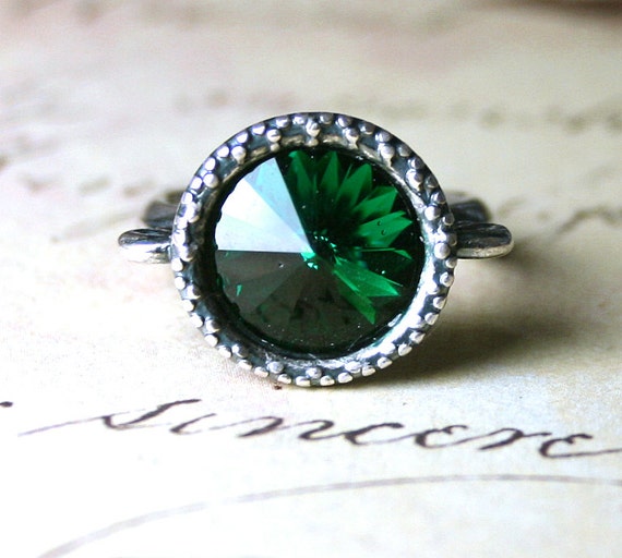 ON SALE Swarovski Crystal Ring in Emerald Dark Green