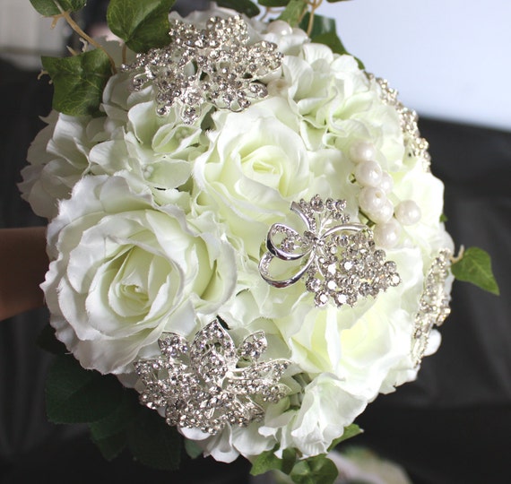 Items similar to Rhinestone Wedding Bouquet - 8 inches cream roses with ...