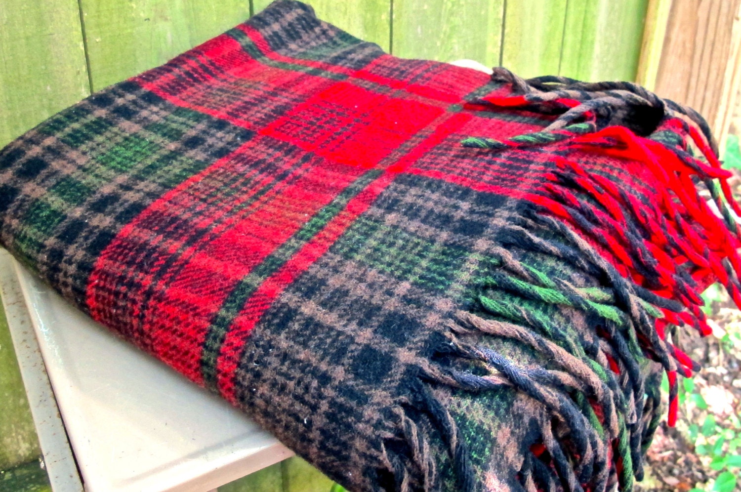 Vintage Pendleton Blanket 1960s Red Plaid Fringed Wool Throw