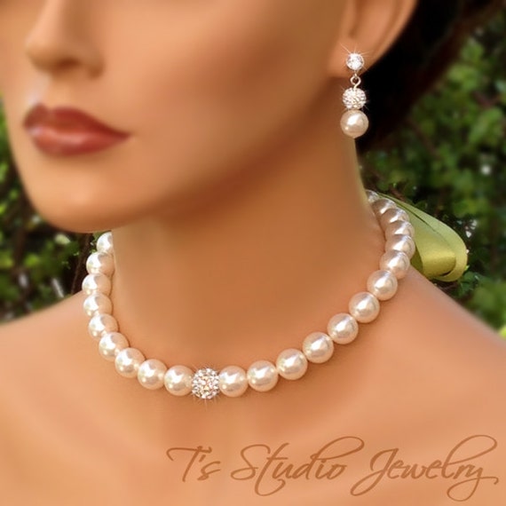 Crystal Pave and Pearl Bridal Necklace Disco Ball Rhinestone