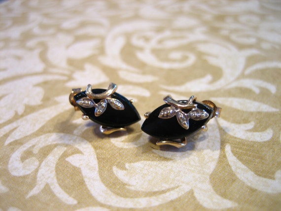 Vintage 10k Gold Black Onyx W Diamond Chip Earrings
