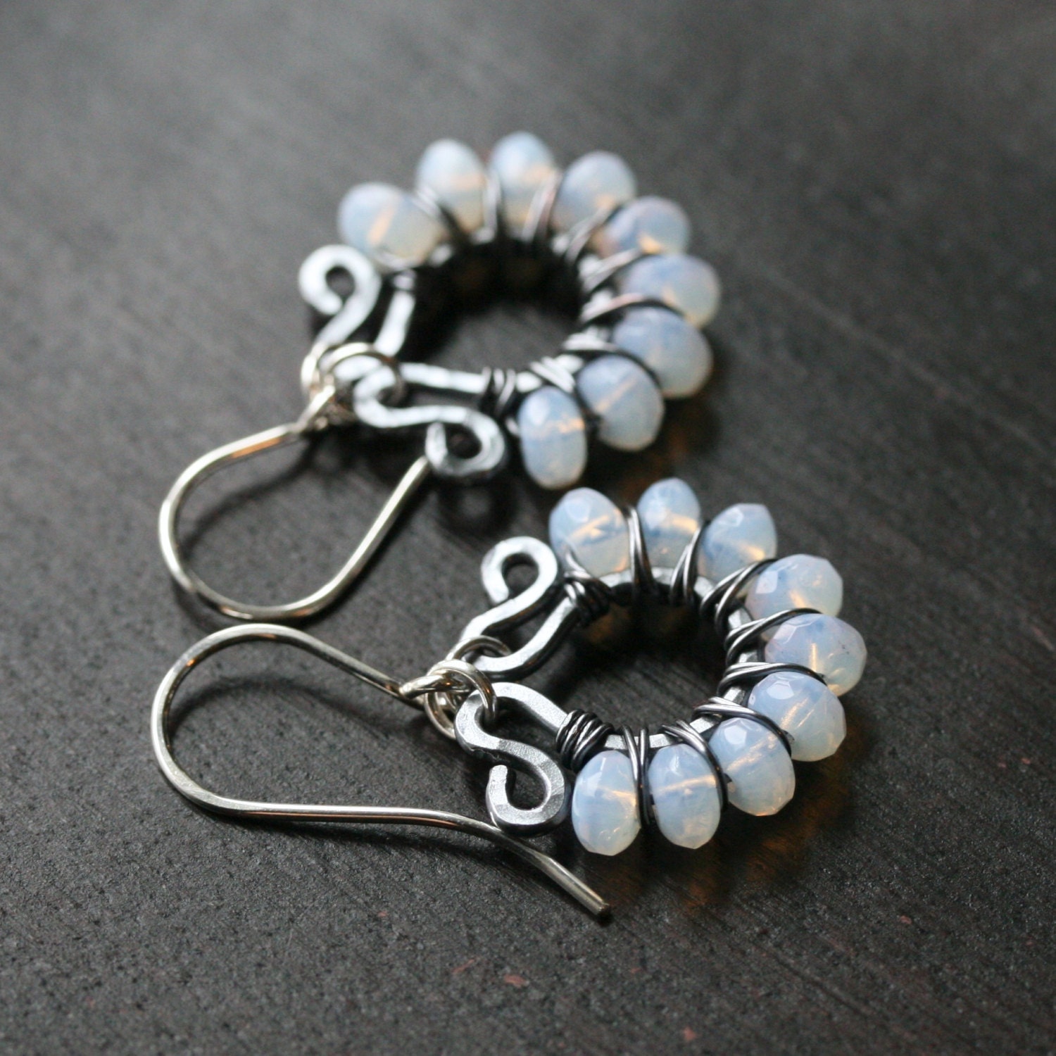 White beaded earrings milky white Czech glass oxidized