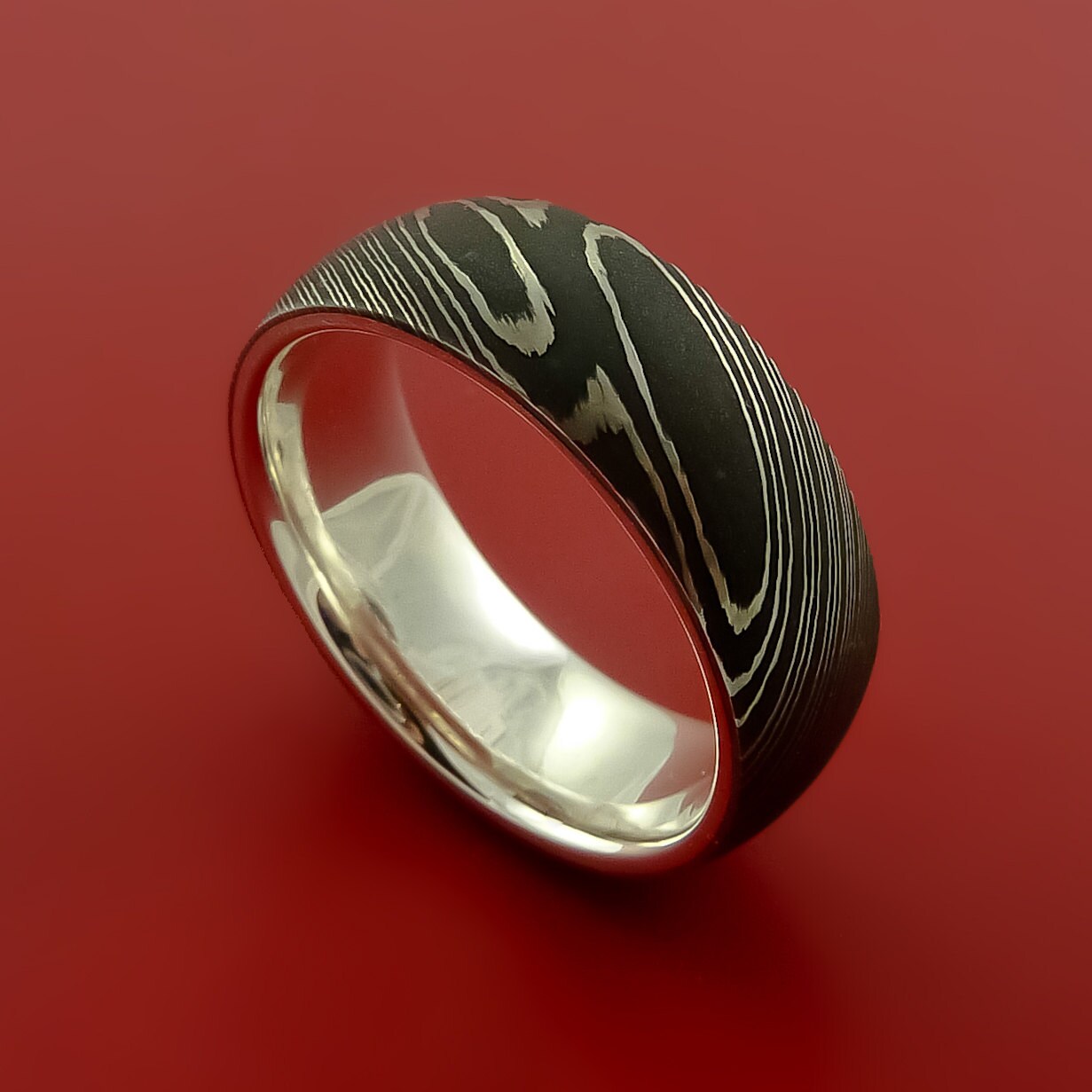 Damascus Steel Ring with Solid Sterling Silver Sleeve Wedding