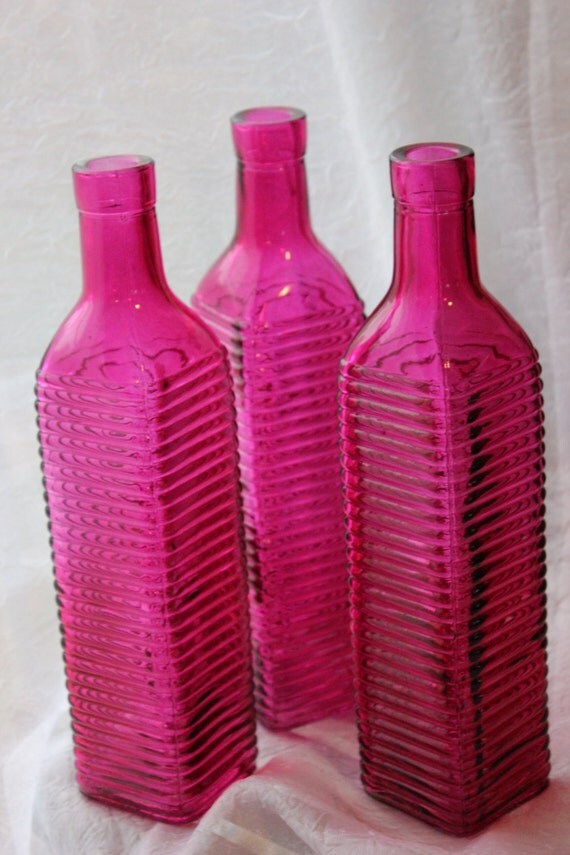 Set of 10 HOT PINK GLASS Bottles Pink Blush Fuchsia Magenta