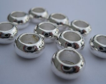 50 Pieces of Large Hole Metal Beads - 10mm Silver Color, European Style, 5mm Hole, Round Shape, Spacer, Rondelle, Base Metal, Large Lot