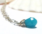 Aqua Blue Necklace with Sterling Silver Chain, Wire Wrapped, Modern Mini, Beach Fashion