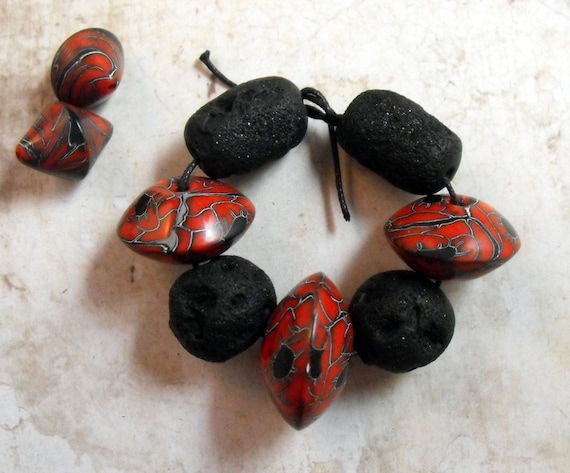 7 Big Artisan Beads "Poppies" - Handmade Polymer Clay