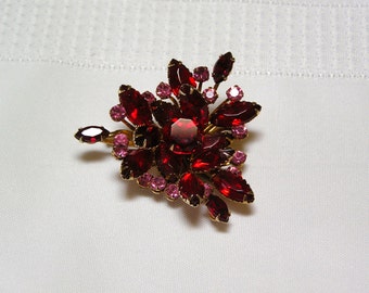 Vintage Ruby Red..Marquis Cut..Faceted..pink rhinestone accents too..Brooch