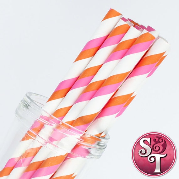 Stripe Pink/Orange Party Paper Straws - Cake Pop Sticks - Pixie Sticks - Qty 25 Il_570xn