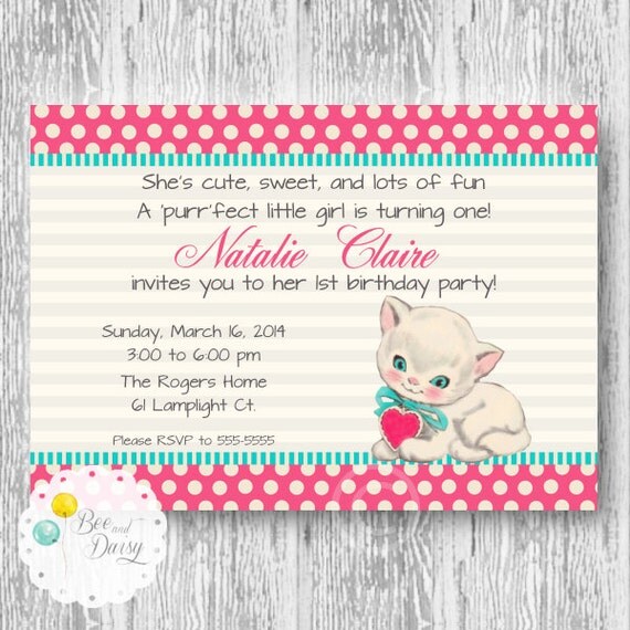 Vintage Kitten Invitation for Birthday Party or Baby Shower - Girls Cat DIY Printable Invite by BeeAndDaisy Il_570xn