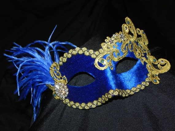 Lace And Feather Masquerade Mask In Royal Blue And Gold