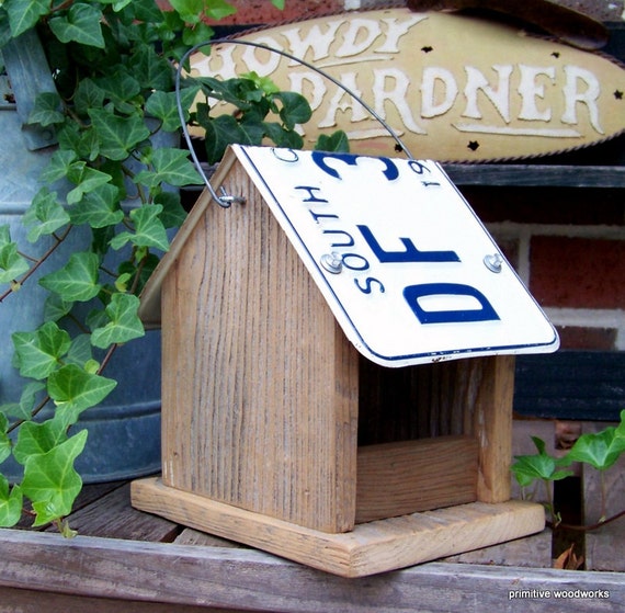 Wooden Bird Feeder, License Plate Bird Feeder, Rustic Bird Feeder 