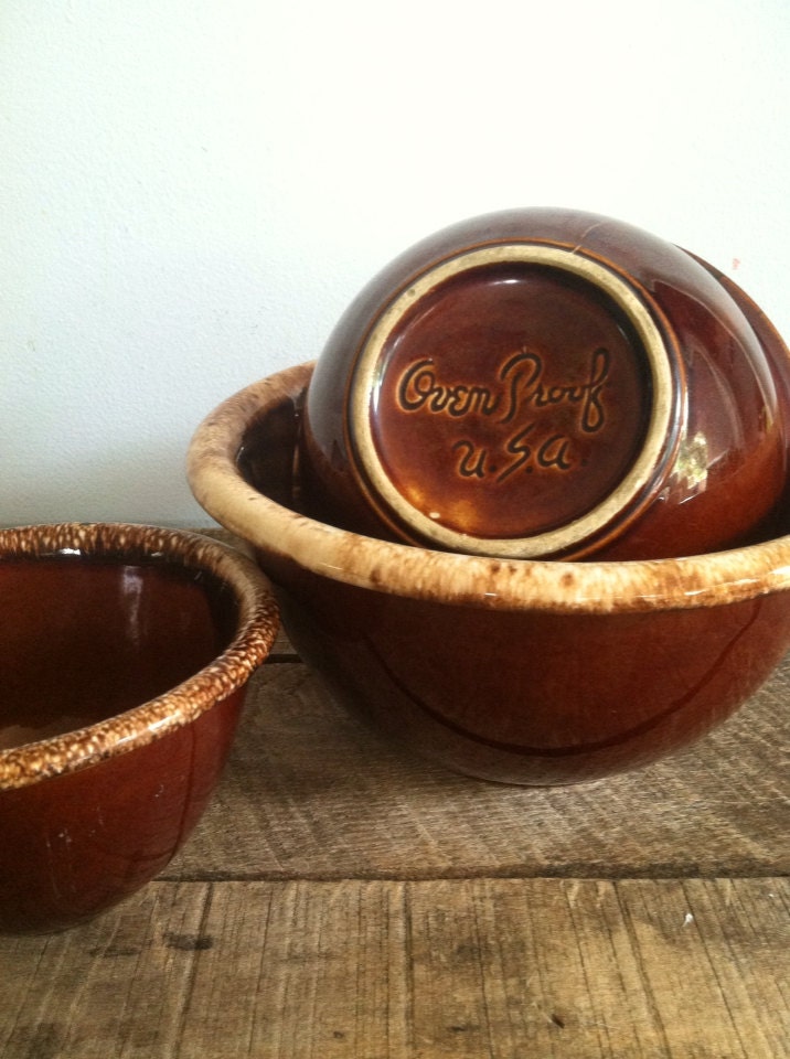 Vintage USA McCoy Hull Pottery Brown Drip Mixing Bowls