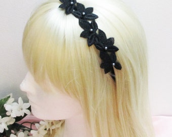 Black Headband, Black Lace Bridal Headband, Lace Headband, Bridal Headband, Wedding Headband, Bridesmaid Headband, bridesmaid headpiece