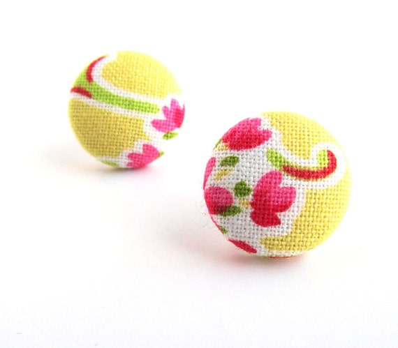 Pink yellow earrings  tiny stud earrings  bright by KooKooCraft