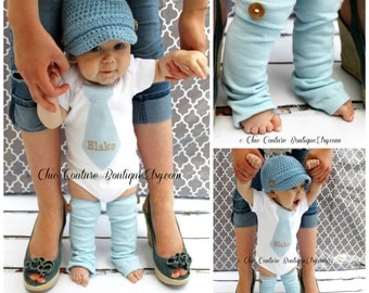 NEW Baby Boy 1st Birthday Outfit. Blue Herringbone Personalized Tie Bodysuit & Wood Button Leg Warmers SET. Cake Smash Outfit Prop Summer
