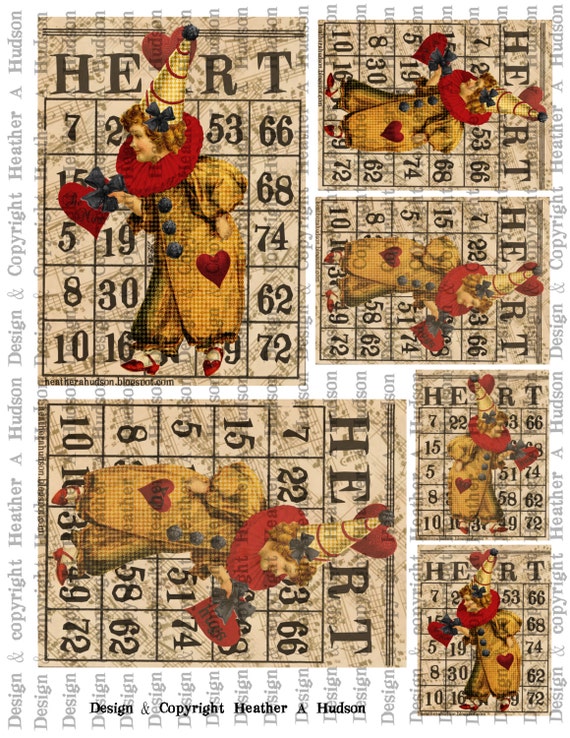 Prim Primitive Folk Art Valentine's  Clown Bingo Card Focals ATC Digital Collage sheet Printable