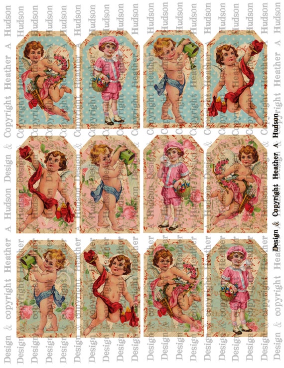 2nd Victorian Vintage Valentine's Shabby Pink, Blue, Blue Green Tags Cupids Digital Collage sheet Printable