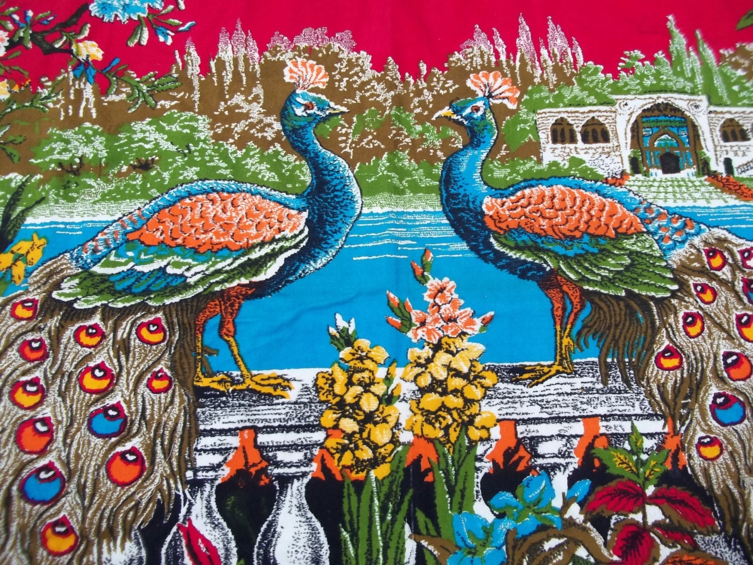 Vintage Large Peacock Tapestry Cloth Wall Hanging 53 X 34