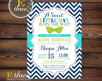 Little Man Baby Shower Invitation - Bow Tie Boy's Shower Invite - Navy, Apple Green, Aqua - Chevron and Polka Dots