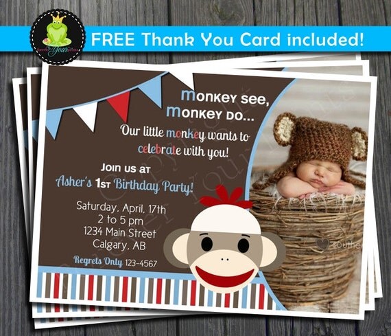 Sock Monkey Invitation - Includes FREE Thank You Card Il_570xn