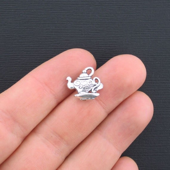 BULK 30 Tea Pot Charms Antique Silver Tone 2 Sided with Little