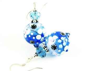 Blue White Earrings, Lampwork Earrings, Glass Bead Earrings, Dangle Earrings, Lampwork Jewelry, Beadwork Earrings, Drop Earrings