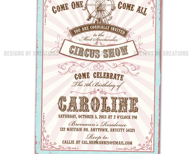 Vintage Pink Circus or Pink Country Fair Invitation, Customizable Wordings, Print your own