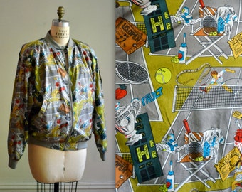 Vintage Silk Bomber Jacket Tennis Jacket Nicole Miller Silk US OPEN Wimbeldon Tennis Print// Vintage Silk Bomber Jacket Sports USA America