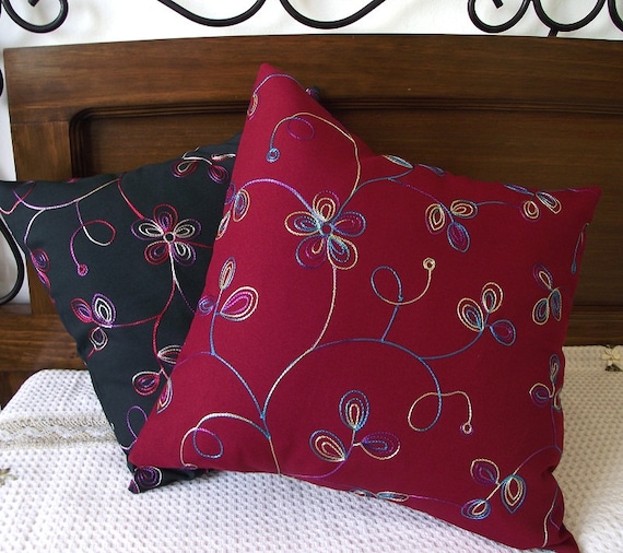 Embroidered Pillow Covers TWO 18 x 18 Burgundy and Black throw Pillows Accent Pillows Designer Pillow Case Handmade Cushion Cover