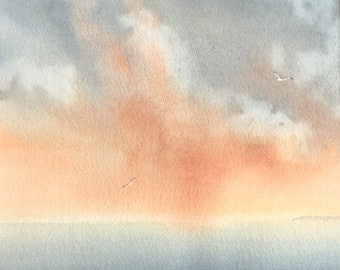 Sunset and storm coastal ocean sky and gulls original watercolour painting