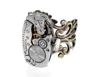 Steampunk Jewelry Ring Vintage ELGIN Watch Movement Steam Punk Mens Womens Ring SOLDERED Wedding Anniversary - Jewelry by Steampunk Boutique