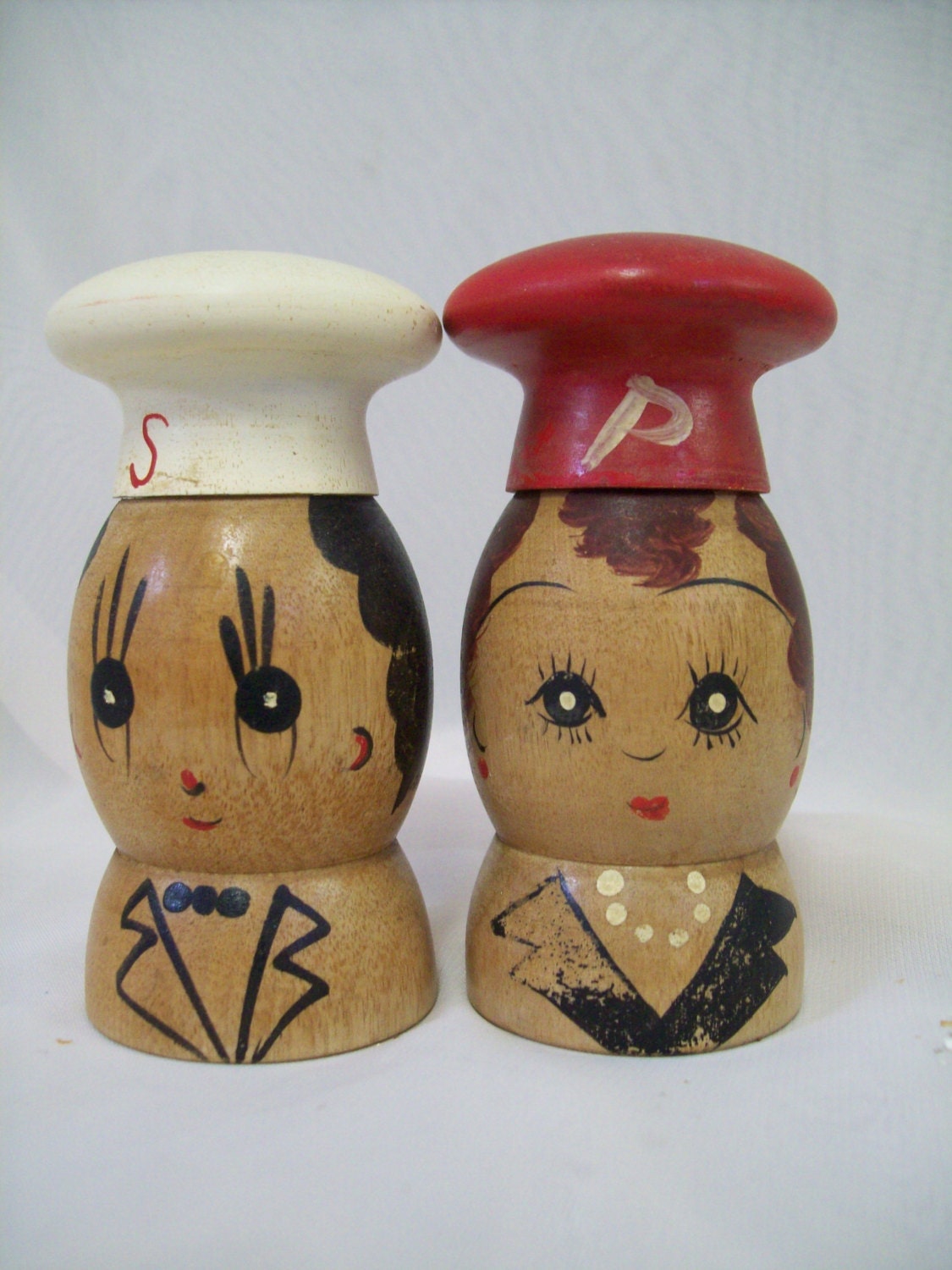 Vintage Salt and Pepper Shakers Wood Chefs Japan