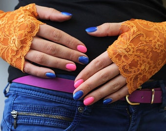 Orange Lace Gloves , stretch lace, fingerless lace gloves, Bride, bridesmaid, gift for her. Ready to ship.