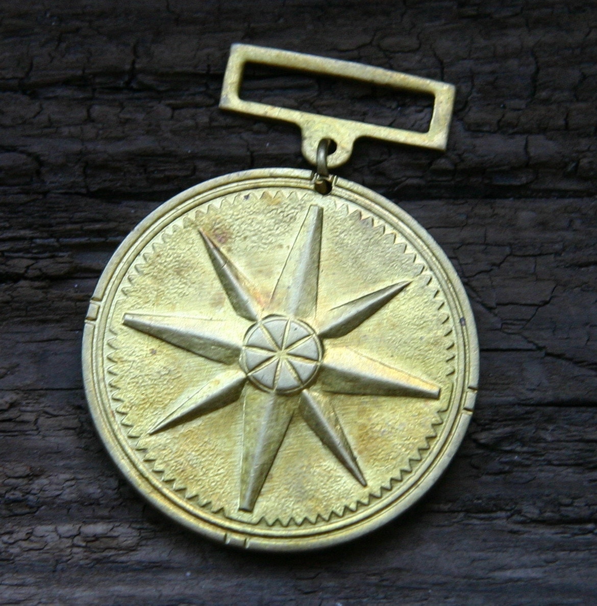 Large Vintage Gold Sun Star Compass Medallion Medal Military