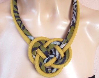 Josephine knot, hand dyed batik fabric, bib necklace, mustard yellow, olive green ,grey, 2013 Fall Winter color trend.