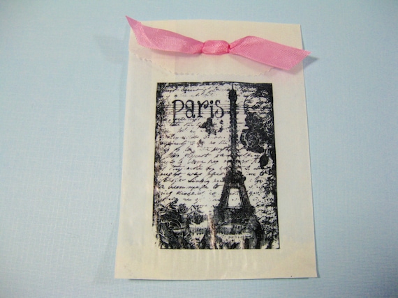 10 hand stamped glassine favor bags with seam binding ribbon - Paris Wedding - Eiffel Tower - Bridal Shower - treat bags - candy buffet bags