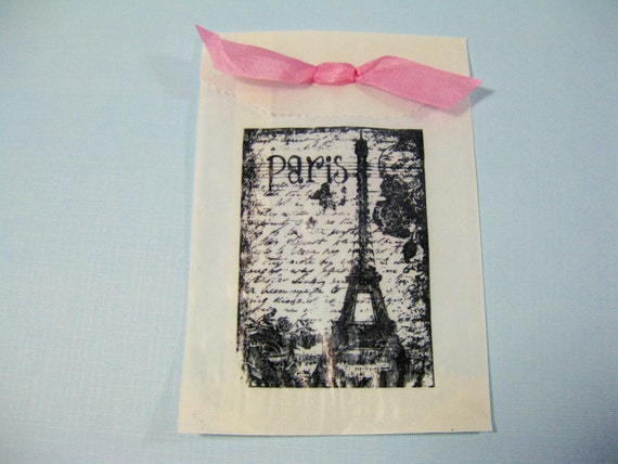 10 hand stamped glassine favor bags with seam binding ribbon - Paris Wedding - Eiffel Tower - Bridal Shower - treat bags - candy buffet bags