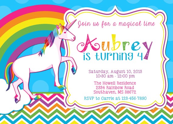 UNICORN & RAINBOW - Birthday Party 5x7 Invitation - Girl Printable Il_570xn