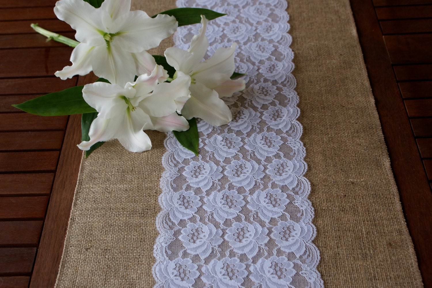 Custom made wedding table runner lace and burlap