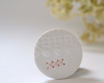 embroidered white brooch with blush pink stitches - delicate lace imprint brooch - white clay textured brooch
