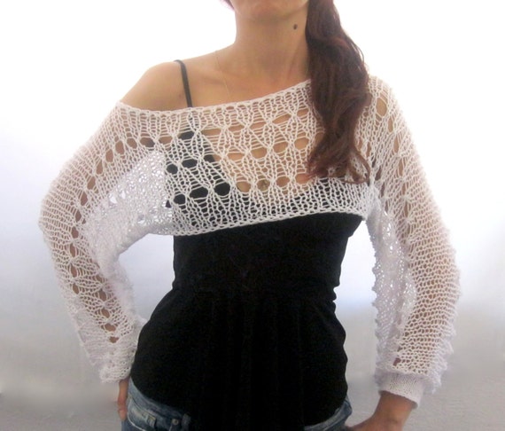 Cotton Summer Cropped Sweater Shrug in white color hand
