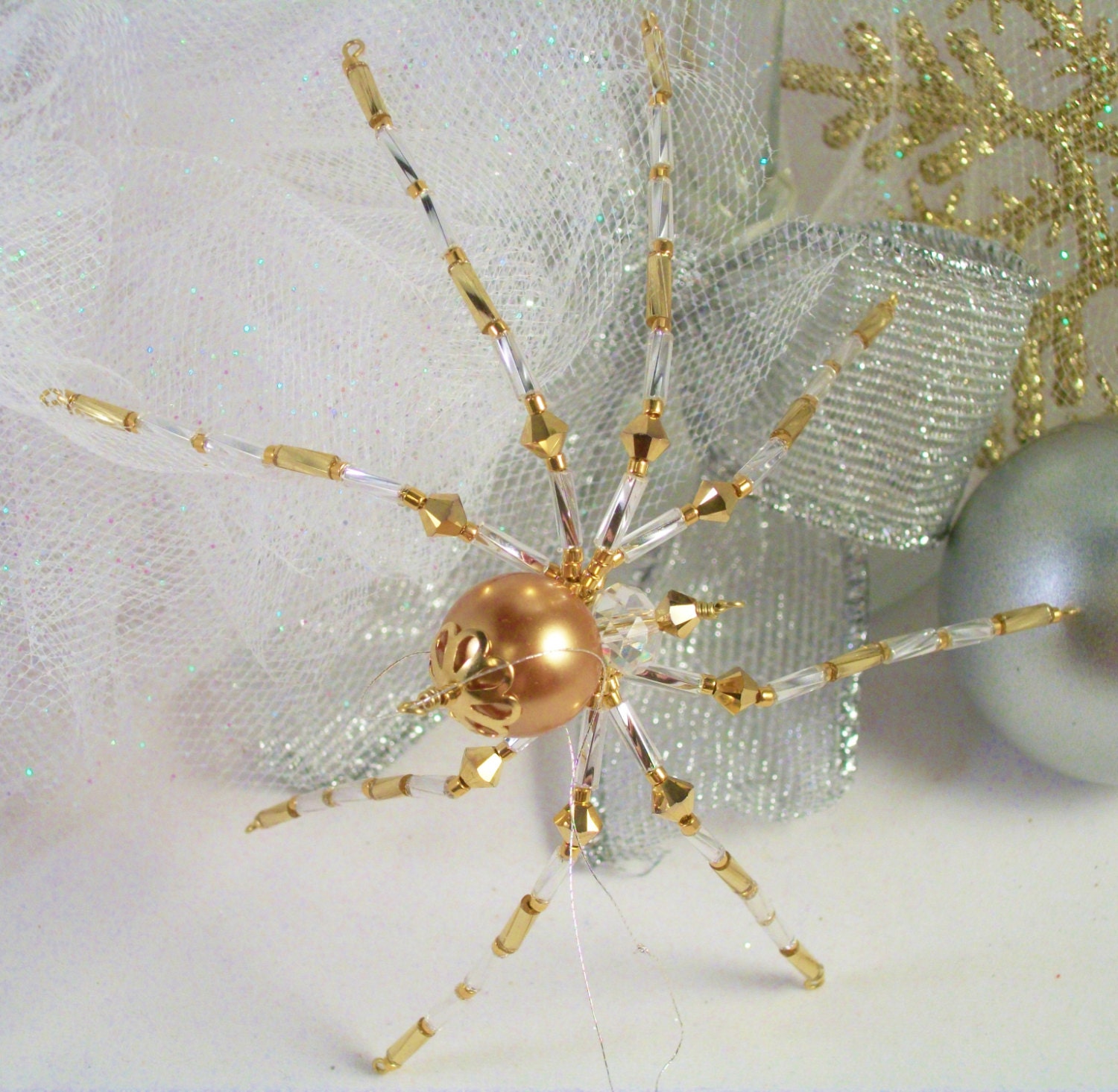 silver and gold beaded christmas spider ornament silver and gold beaded christmas spider ornament