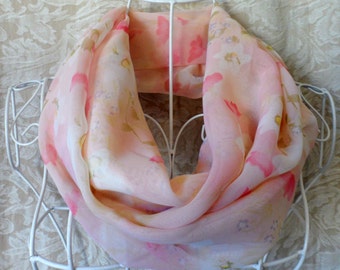 Pink Floral Chiffon Infinity Scarf--Gift for Her