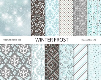 Winter Digital Paper Winter frost, blue and grey winter papers, Christmas digital backgrounds, 12 jpg files 12x12 - Pack 568