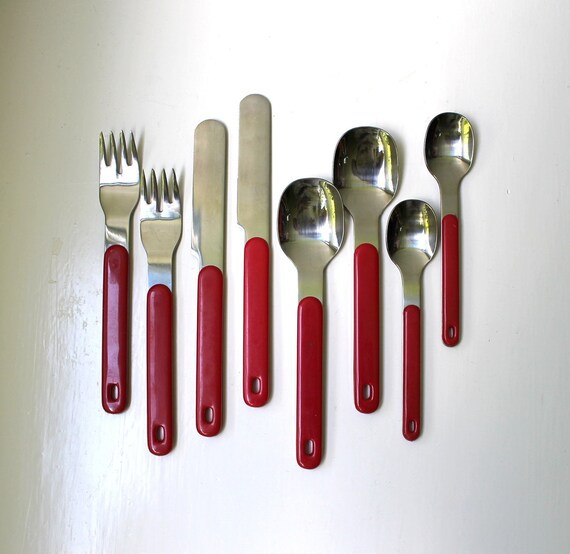 Mod Flatware Red Handles Stainless MidCentury Modern
