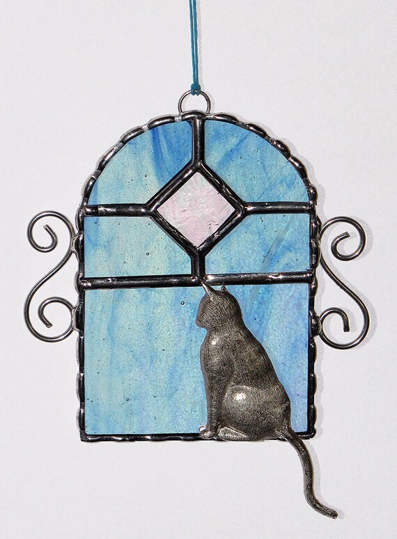Stained Glass Suncatcher Cat Sitting in a Window by GLASSbits